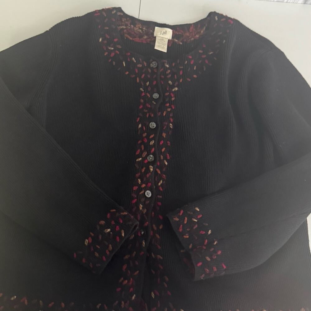 J.Jill Black Embroidered Sweater Cardigan 1990 Womens Med Petite Hong Kong